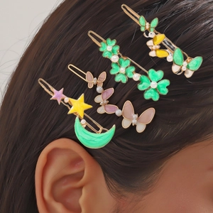Pince à Cheveux Émail Papillon Fleur Lune Étoile Avec Künstliche Perles Artificielles Barrettes en Alliage de Zinc pour Coiffure Femme