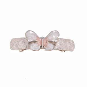 Pince à cheveux papillon élégante avec ailes en émail rose et base métallique argentée