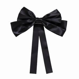 Classic large black satin bow hair clip with elegant long ribbons for women