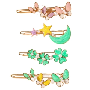 Set de 4 barrettes à cheveux coréennes avec papillon, lune et décorations en perles