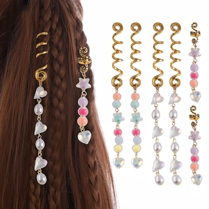 Gold Spiral Braid Hair Jewelry Alloy Imitation Artificial Pearl Heart Star Pendant Iridescent Beads Clips For Women Dreadlock Accessories