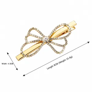 Fashionable vintage gold bow hair clip with white rhinestones and size dimensions