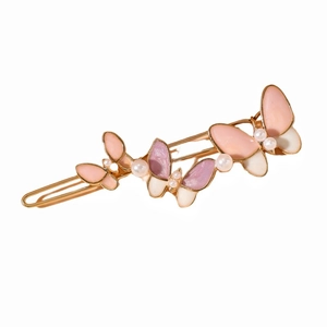 Pince à cheveux papillon élégante avec dégradé rose, perles et clip en métal doré