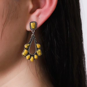 Bohemian vintage antique silver drop earrings with yellow turquoise stone inlay
