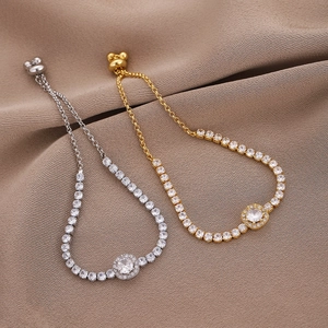Luxury Round Zircon Adjustable Bracelet For Women Copper Halo Tennis Bracelet Elegant Gold Silver Party Jewelry Gift