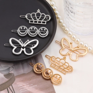 Pince à Cheveux en Métal Minimaliste à la Mode Design Papillon Couronne Visage Souriant Alliage de Zinc Or Argent Barrette