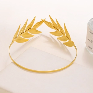 Elegant gold laurel leaf crown headband with detailed metal leaves for women fashion