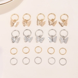 Detailed arrangement of 20 pieces gold and silver butterfly braid rings and hair loops