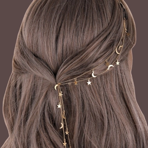 Chaîne à Cheveux Longue à Franges Étoile Lune Bohème en Alliage Électroplaqué Or Argent Pince à Cheveux Fée Femme Mariage