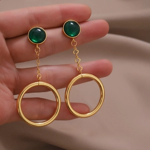 Boucles d'Oreilles Pendantes Vintage en Résine Verte Avec Tige en Argent Sterling 925 Cuivre Plaqué Or Boucles d'Oreilles Longues Cercle Pour Femme