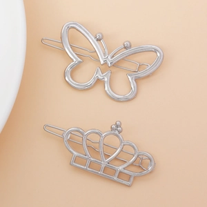 Set de barrettes minimalistes argentées en forme de papillon et de couronne