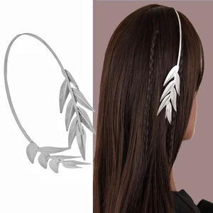Elegant silver metal leaf headband for women with a detailed aesthetic leaf design