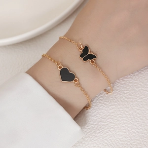 Mode Legierung Schwarz Emaille Schmetterling Herz Charm Armband Für Damen Vergoldet Minimalistische Verstellbare Kette Schmuck Geschenk