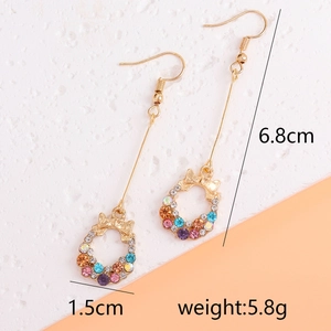 Elegant gold bow earrings with colorful rhinestones and floral wreath drops, 6.8cm long