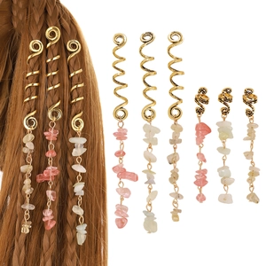 Accessoires de Cheveux Dreadlock Spirale en Alliage Or Avec Pendentif Pierre Naturelle Anneaux de Tresse Bijoux de Cheveux Femme