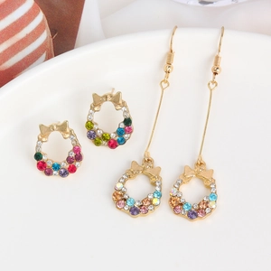 Colorful Rhinestone Bow Knot Wreath Earrings Alloy With Stainless Steel Post Delicate Dangle Stud Earrings For Women Jewelry
