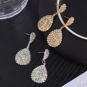 Elegant double teardrop long dangle earrings with colorful sparkling rhinestones for bridal