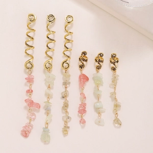 Lot de 6 spirales à cheveux dorées avec pierres naturelles pour tresses et dreadlocks