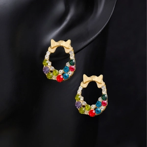 Colorful rhinestone bow earrings with gold plated alloy floral wreath design for women