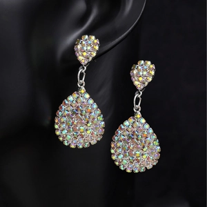 Elegant silver claw chain earrings with sparkling colorful teardrop crystals for brides