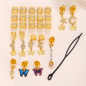 Golden hair accessories set with butterfly and star pendants for dreadlock styling