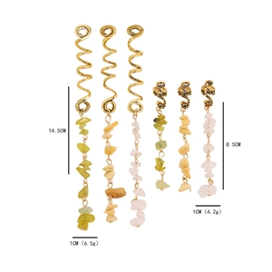 Golden alloy spiral dreadlock hair rings with natural stone charms in 8.5cm and 14.5cm