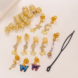 Golden braid jewelry set featuring butterfly and star charms for dreadlock DIY styling