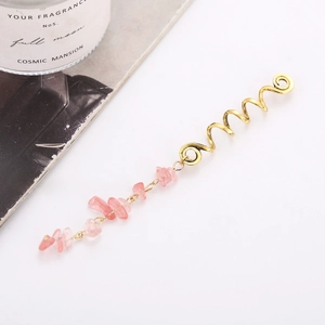 Bijou de cheveux spirale dorée avec pendentifs en cristal rose naturel pour coiffures DIY