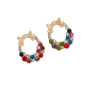 Elegant gold bow earrings with colorful rhinestone wreath pendants on white background