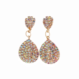 Elegant gold drop earrings with rainbow crystal rhinestones for bridal party wear