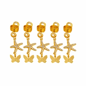 Detail of 5pcs gold hair charms with rhinestone starfish and butterfly pendants