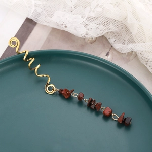 Golden spiral hair jewelry with natural red stone pendant for dreadlocks and braids