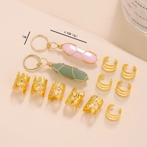 Handmade gold crystal hair pendants and filigree braid rings set for hair styling