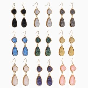 Boucles d'Oreilles Pendantes en Forme de Double Larme Alliage Résine Druzy Paillettes Crochet pour Mariage Fête Femme Bijoux