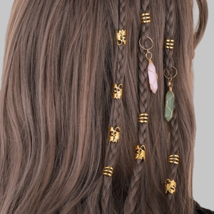 Wire Wrapped Crystal Hexagonal Pillar Pendant Dreadlock Hair Rings Gold Hollow Alloy Hair Clips Jewelry Set For Women