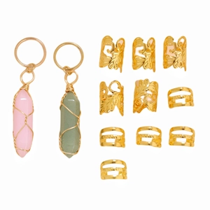 11-piece crystal hexagonal pendant and golden hollow hair ring set for dreadlock hairstyles