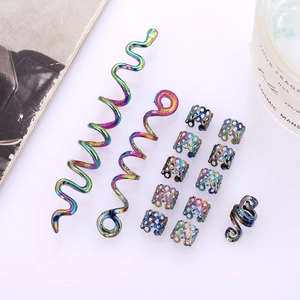 Rainbow metal Viking Celtic knot hair clips and spiral rings set for dreadlock braids