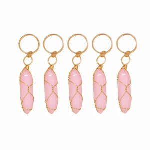 5-piece set of rose quartz hexagonal pendants with gold wire wrap for hair jewelry