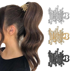 Rhinestone Heart High Ponytail Claw Clip For Women Elegant Alloy Hairpin Non Slip Hair Catch Jewelry Accessory