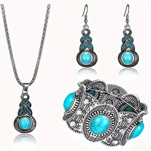 Vintage Bohemian Alloy Jewelry Set Turquoise Rhinestone Inlaid Necklace Earrings Bracelet Ring For Women Ethnic Style Accessory
