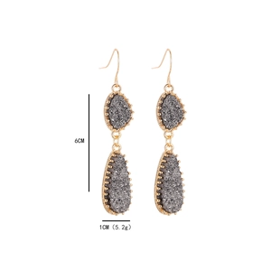 Détail de boucles d'oreilles doubles gouttes dorées avec texture druzy grise de 6 cm