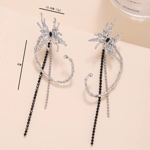 Silver liquid butterfly tassel earrings with sparkling rhinestone chains, 10.5cm long