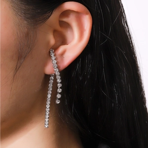 Gros plan de boucles d'oreilles à pampilles en argent avec strass brillants sur un mannequin
