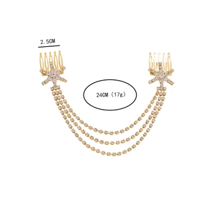 Elegant gold hair comb with three layers of rhinestone tassels and snowflake details