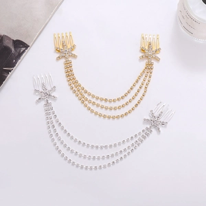 Fashion Alloy Rhinestone Hair Chain Three-Layer Snowflake Tassel Hair Comb Headband For Women Wedding Party Jewelry