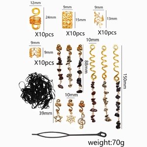 50-piece dreadlock hair accessory set with natural stone pendants and gold spiral rings
