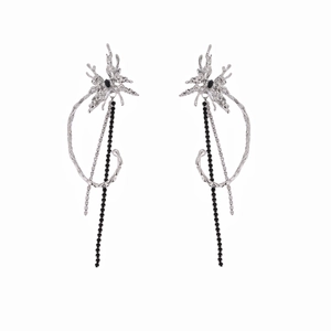 Silver butterfly tassel earrings with black beads and organic metal texture design