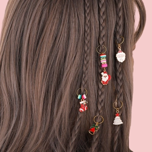Christmas hair braid ring set with Santa, bell, and tree pendants on gold rings