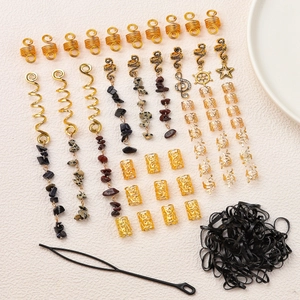 50-piece set of gold braid accessories with natural stone pendants and hair rings