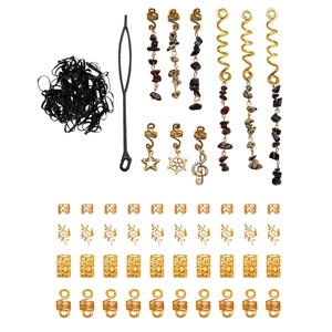 50-piece dreadlock hair jewelry set with natural stones, alloy spirals and gold leaf pendants